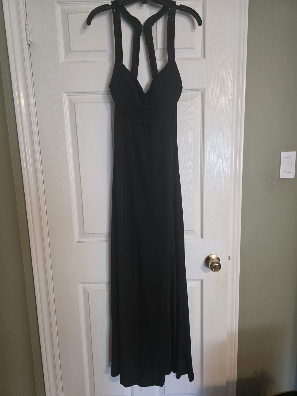 JS Boutique Black Halter Neck Maxi Gown with Draped Bust